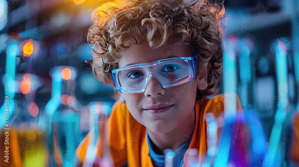 Young boy scientist engaged in experiment  in laboratory