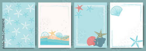 Geometric square summer frame with seashells. Summer holiday background, seamless pattern, frame. Vector illustration of waves, birds, seashells, starfish, water splashes