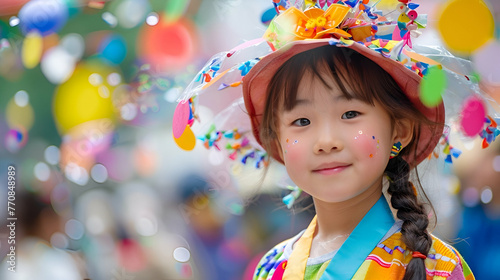 banner for children's day in korea with copy space, joyful little asian girl on light background with space for text