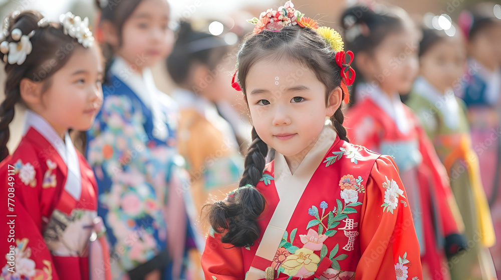banner for children's day in korea with copy space, little asian girls in national costumes on a light background with space for text banner for children's day in korea with copy space, little asian girls in national costumes on a light background with space for text