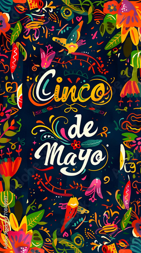 inscription on a dark background  cinco de mayo  with traditional Mexican pattern