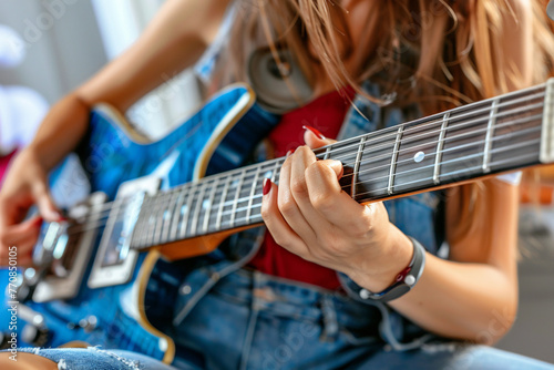 A young woman in blue casual clothes sits and plays electric guitar.