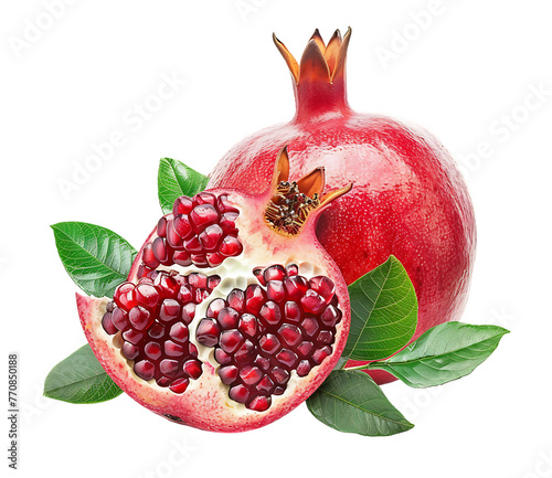 A halved pomegranate with leaves, presented in isolation against a white background.