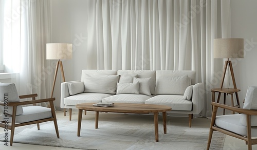 A living room with white walls  light gray sofa and wooden coffee table  carpet on the floor  lamps standing next to it  chairs in front of them