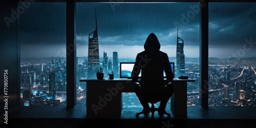 Silhouette of a hacker in a dark room with a city view.