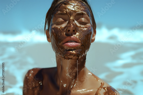 Fashion commercial Concept. Portrait of woman face with bronzer gel mask liquid dripping in blurred beach background, for beauty makeup skincare ad. copy text space