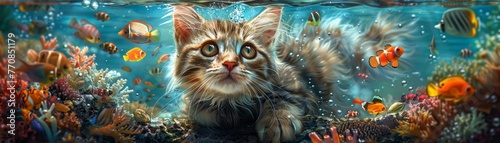 Underwater cat swimming with tropical fish, vibrant and colorful illustration, clear underwater setting, peaceful oceanic environment