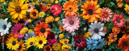 Aerial view of a colorful flower garden, a tapestry of daisies, gerberas, and wildflowers in bloom.