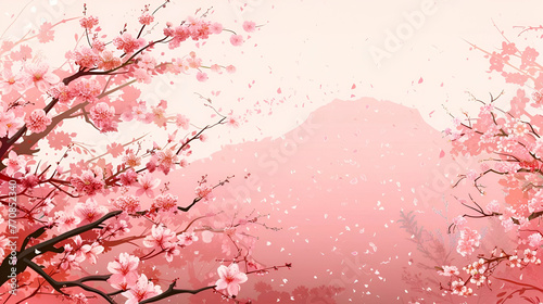 floral spring banner, blooming sakura on pink background with copy space