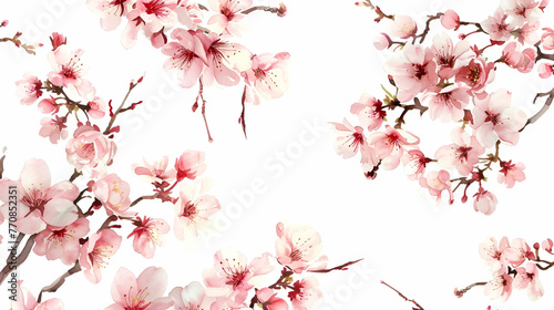 spring banner, blooming sakura on white background with copy space