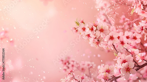 floral spring banner, blooming sakura on pink background with copy space © katerinka