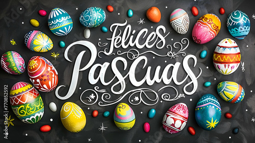  inscription "felices pascuas" on a black background Easter eggs with a pattern