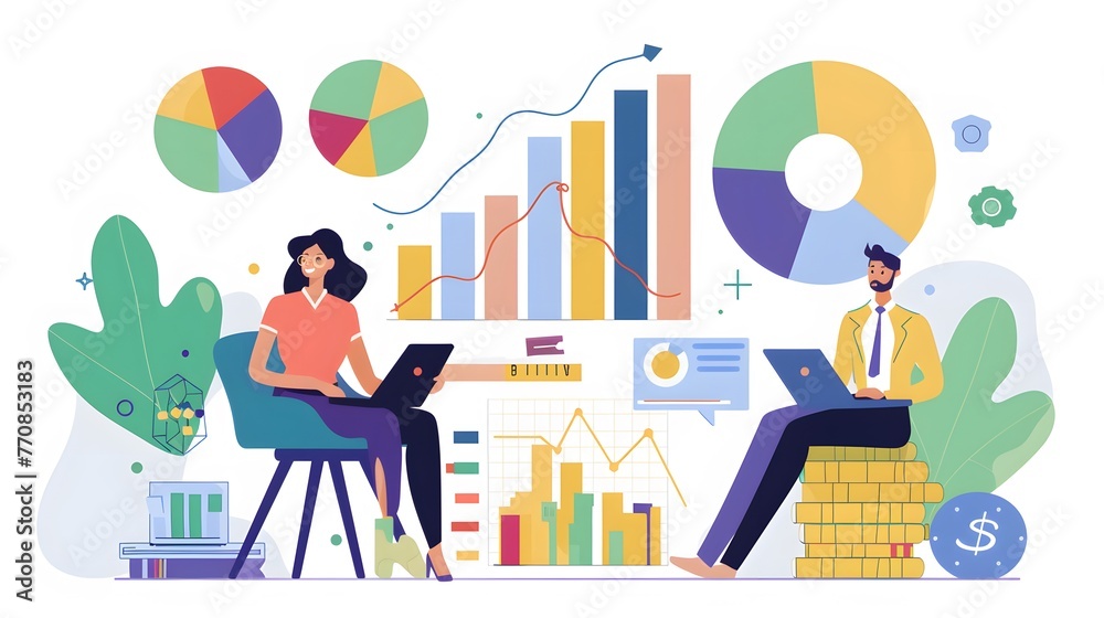 Urban Business Success: Vector illustration of people working together in an office, with a focus on business graphs, representing success in the city environment