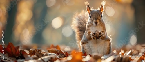 A cheerful squirrel posing with an acorn ready for its close-up