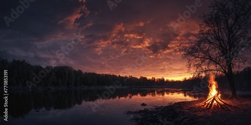 Sunset over the forest lake with a bonfire in the foreground. © freeman83