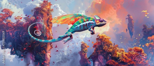 A vibrant chameleon with expanding wings taking a leap across a fantastical gap of floating islands