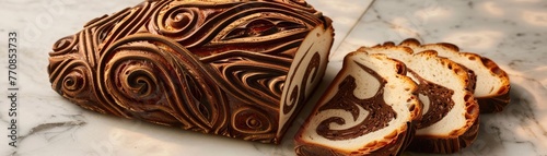 An artistic bread loaf with a patterned crust sliced to reveal a complex