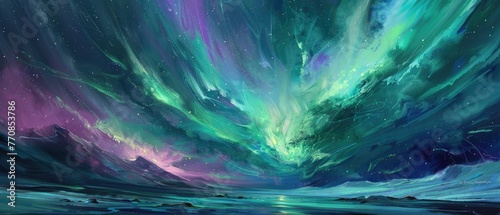 An oil color landscape of the aurora borealis with luminous greens and purples swirling in the night sky