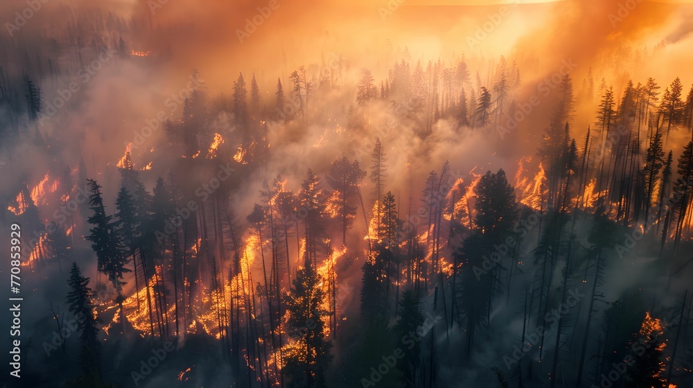 Forest engulfed in wildfire, aftermath of extreme heat