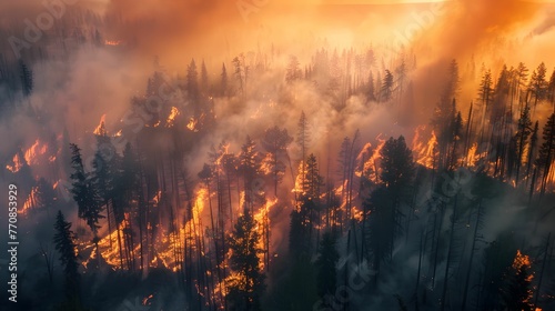 Forest engulfed in wildfire  aftermath of extreme heat