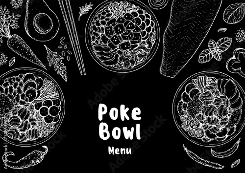 Poke Bowl frame. Hawaiian Food top view vector illustration. Food menu design template. Hand drawn sketch. Vintage style.