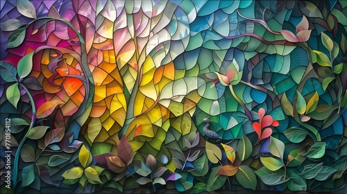 Vibrant Mosaic Artwork of Foliage with Stained Glass Texture.