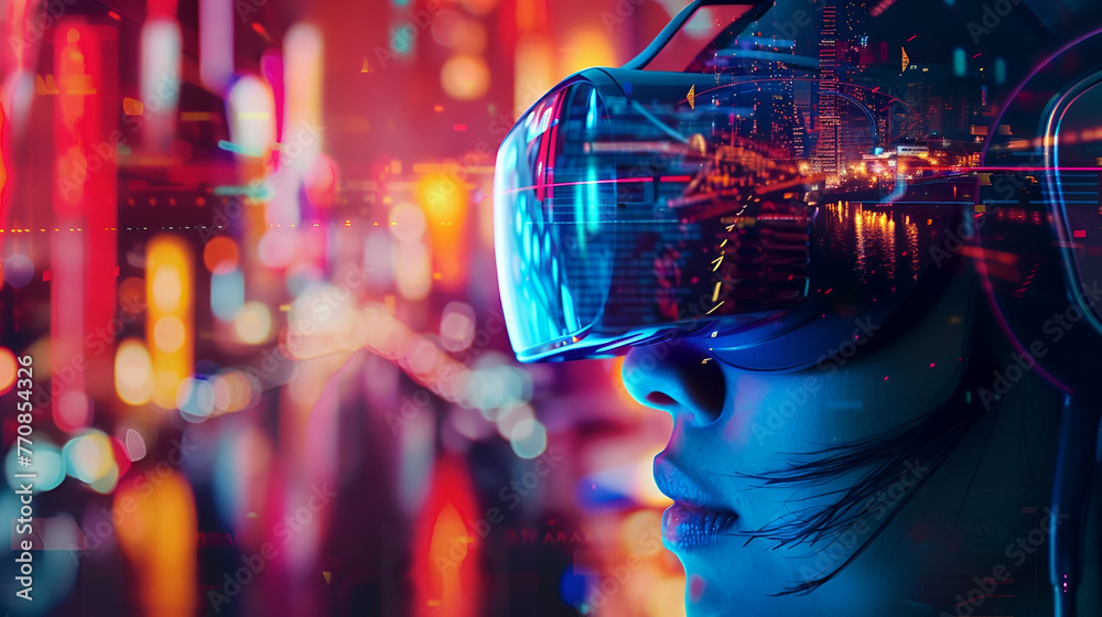 girl in virtual reality glasses close-up on a dark background in neon style with copy space girl in virtual reality glasses close-up on a dark background in neon style with copy space