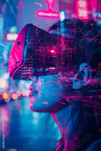 girl in virtual reality glasses close-up on a dark background in neon style with copy space