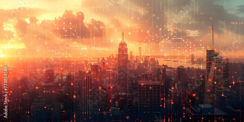 Double exposure of New York City skyline and wireframe network interface blending urban and digital worlds. Concept Double Exposure Photography, New York City Skyline, Wireframe Network Interface