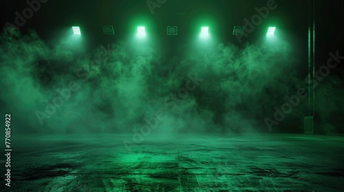 The dark stage shows, dark green background, an empty dark scene, neon light, and spotlights and studio room with smoke float up the interior texture for display products - generative ai © Nia™