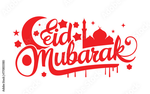 Eid Mubarak handwritten lettering. Modern Calligraphy. Red text Vector lettering isolated on white background. Eid Mubarak hand drawn lettering with mosque for your design