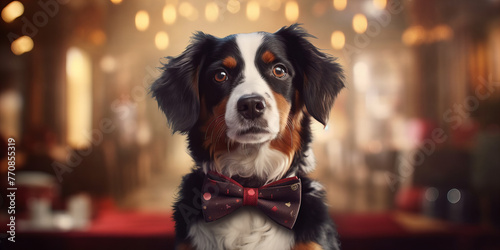 Elegant Canine in Bow Tie Awaits Dinner Party Elegance - A Dogs Banner photo