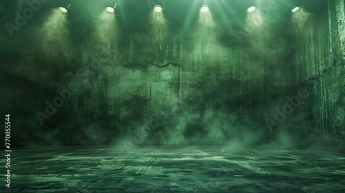 The dark stage shows  dark green background  an empty dark scene  neon light  and spotlights and studio room with smoke float up the interior texture for display products - generative ai