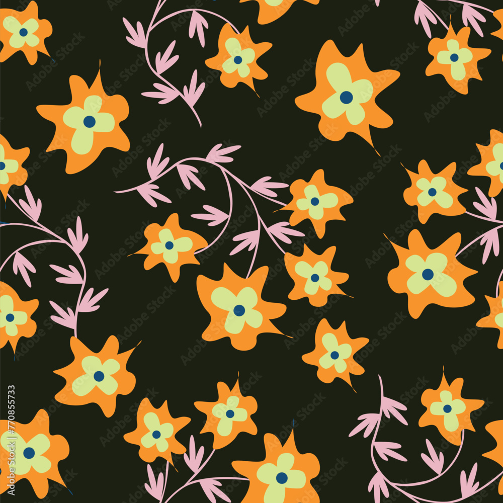 cream vector stock small flowers with green leaves pattern on green background