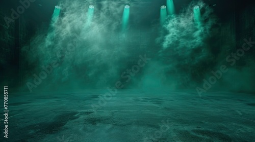 The dark stage shows, dark green background, an empty dark scene, neon light, and spotlights and studio room with smoke float up the interior texture for display products - generative ai