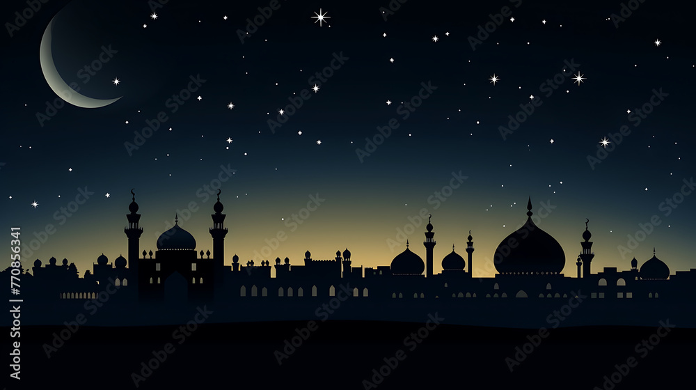 Black mosque in the night with moon with copy space. Generative AI