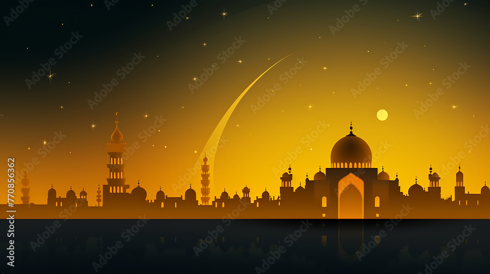 Mosque silhouette full moon in night yellow background. Islam Ramadan concept.	
