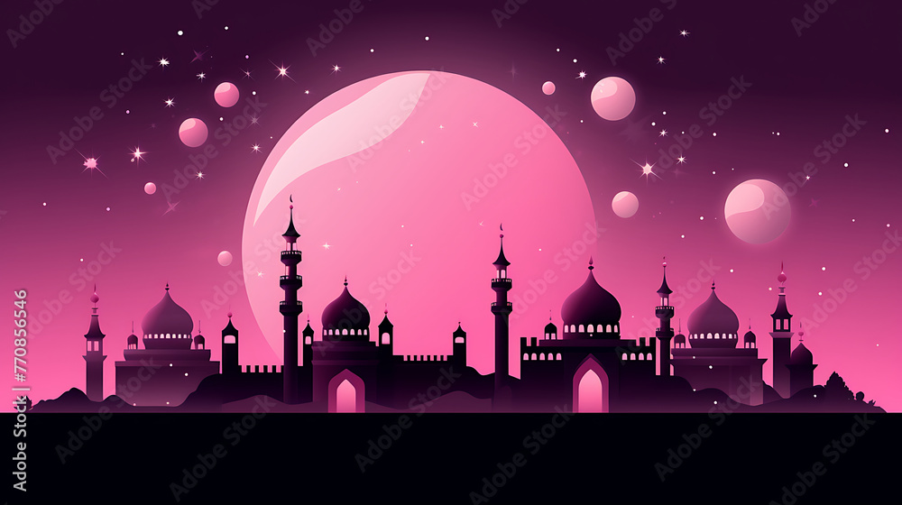 Mosque silhouette full moon in night pink background. Islam Ramadan concept. Generative ai