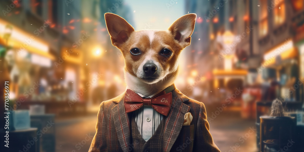 Dapper Canine Gentleman Dominates Urban Nightlife Scene in Stylish Attire Banner - obrazy, fototapety, plakaty 