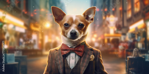 Dapper Canine Gentleman Dominates Urban Nightlife Scene in Stylish Attire Banner © Dmitry