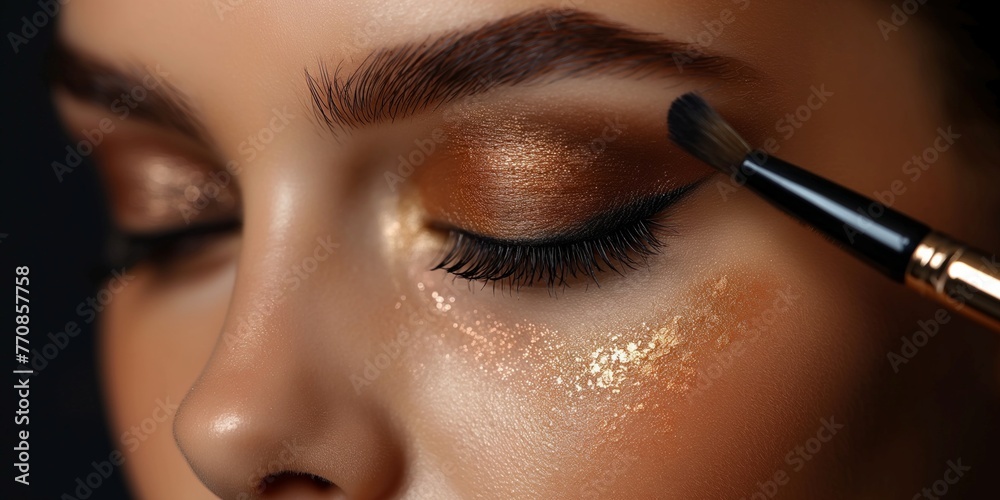 A close up of perfect winged eyeliner and shimmering eyeshadow, paired with full, fluttering lashes