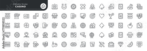 Set of line icons in linear style. Series - Casino, poker, card games. Playing cards, chips, lottery, roulette, slot machine. Outline icon collection. Conceptual pictogram and infographic. 