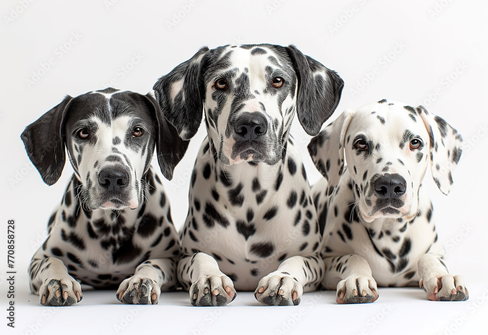 Three Dalmatian dogs sitting together on white background. Generative AI Three Dalmatian dogs sitting together on white background. Generative AI