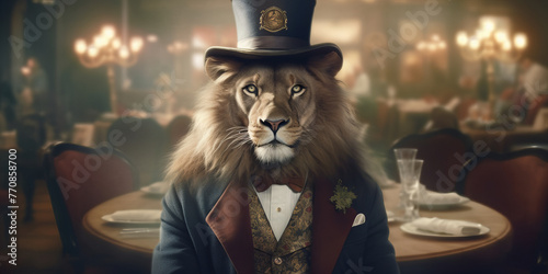 Elegant Lion Gentleman Hosting a Grand Victorian Dinner Party Banner