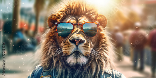 Stylish Sunglasses-Wearing Lion Roams City Streets with Cool Attitude Banner