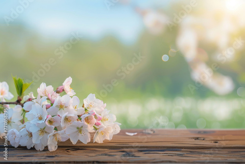 A wooden table with a bouquet of cherry blossom sakura on blurred background, springtime concept for product presentation use.
