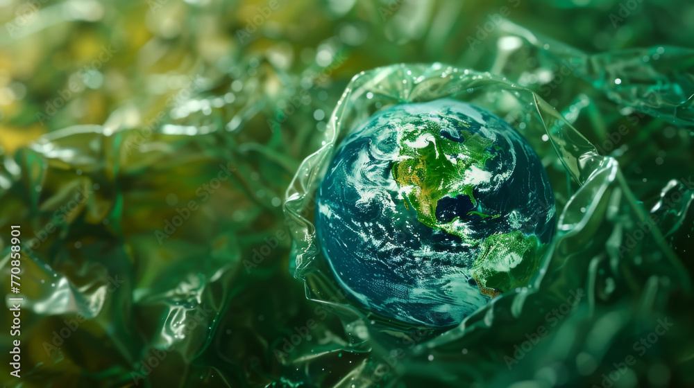 Earth globe inside a plastic bag, planet vs. plastics, pollution concept. - obrazy, fototapety, plakaty 