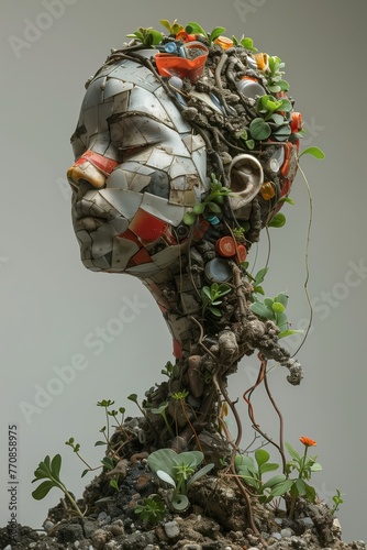 Sculpture of mother Earth, beautiful young woman made of rock with plants and flowers. Environment concept.