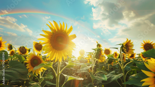A field of sunflowers turns its golden faces toward the sky, soaking in the warmth of the sun's rays and radiating a sense of joy and optimism.