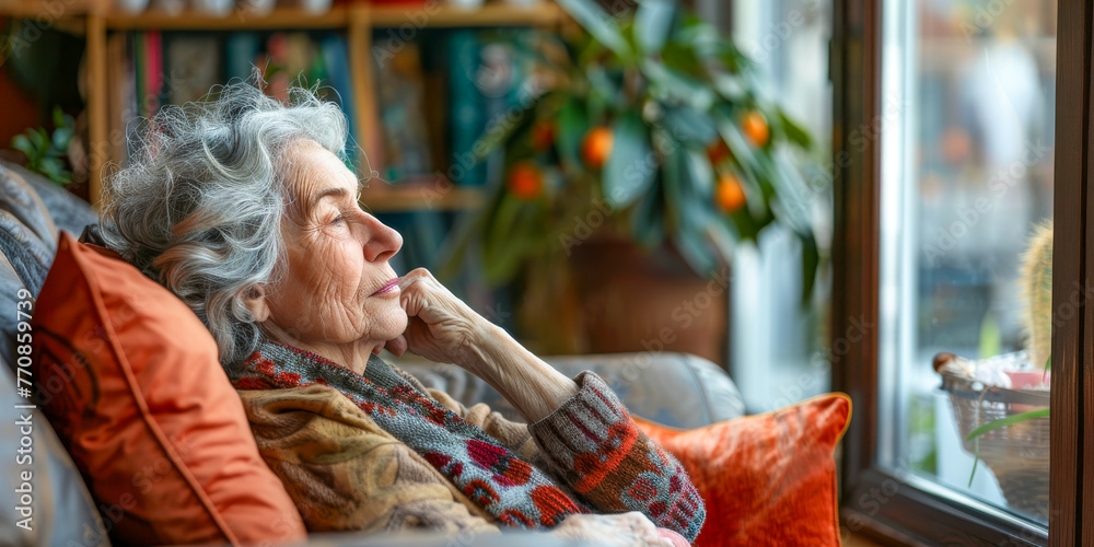 Contemplative elderly woman sitting on a couch with her hand to her temple